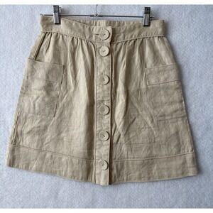Cottagecore 100% Linen Button Utility Pocket Mini Tan Skirt M Boho Quiet Luxury